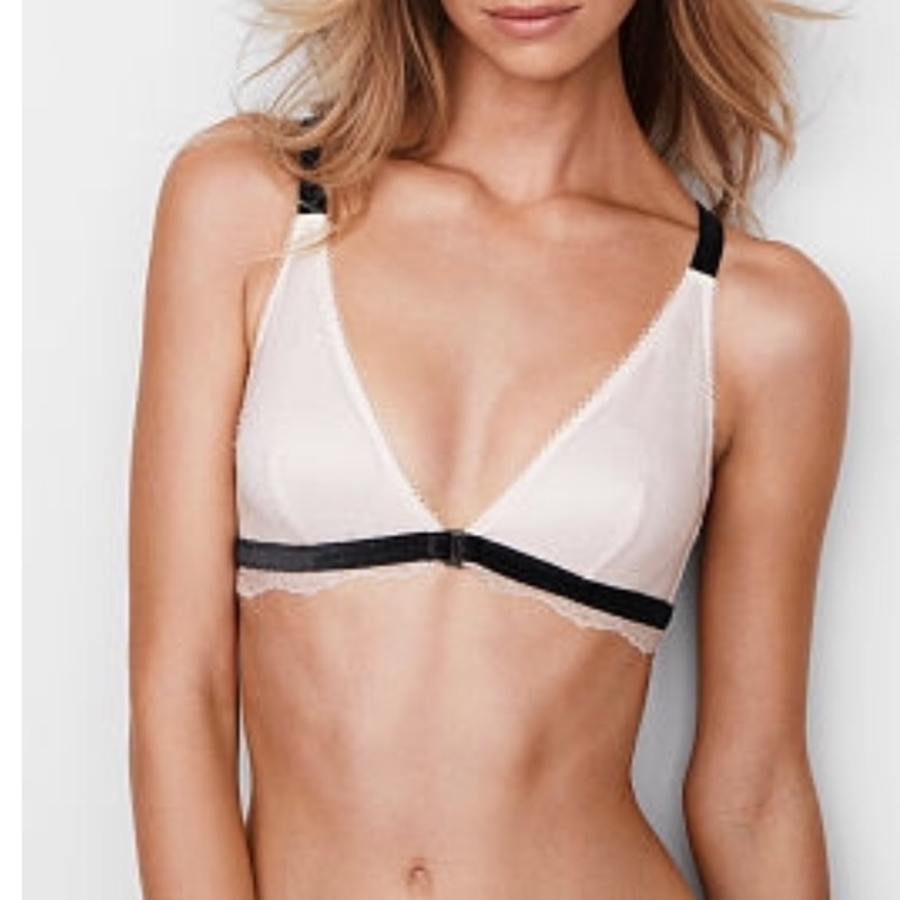 VS Front-close White Lace Velvet Trim Bralette